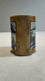 A Chinese famille rose 'faux-marbre' quadrifoil brush pot, Qianlong mark, 19th C.
