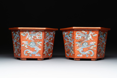 A pair of Chinese coral-red-ground 'dragon and phoenix' jardini&egrave;res, Qianlong mark, 19th C.