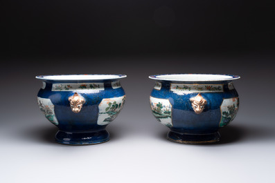 A pair of large Chinese famille verte powder-blue-ground 'landscape' jardini&egrave;res, 19th C.