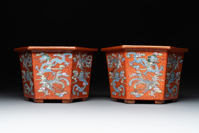 A pair of Chinese coral-red-ground 'dragon and phoenix' jardini&egrave;res, Qianlong mark, 19th C.