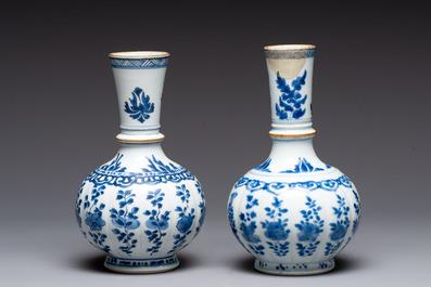 A pair of Chinese blue and white hookah bases with floral design, Kangxi