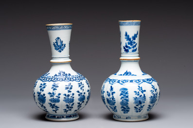 A pair of Chinese blue and white hookah bases with floral design, Kangxi