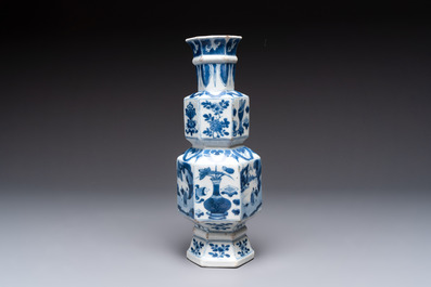 A Chinese blue and white hexagonal vase with figures and antiquities, Kangxi