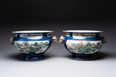 A pair of large Chinese famille verte powder-blue-ground 'landscape' jardini&egrave;res, 19th C.