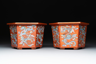 A pair of Chinese coral-red-ground 'dragon and phoenix' jardini&egrave;res, Qianlong mark, 19th C.