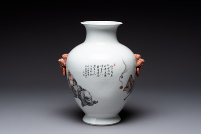 A Chinese iron-red-decorated grisaille '18 Luohan' vase, Qianlong mark, dated 1993