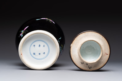 A Chinese famille rose black-ground covered vase and a famille rose Milefo Buddha, Mao Ji Sheng 茂記生造 mark, 19/20th C.