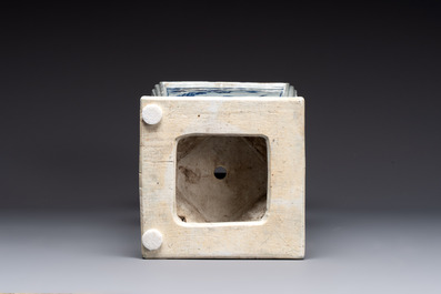 A Chinese blue, white and copper-red square-sectioned vase with figural design, Kangxi