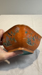 A Chinese coral-red-ground famille rose square bowl and a sgraffito-ruby-ground bowl, Qianlong and Tongzhi mark, 19/20th C.