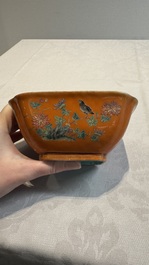 A Chinese coral-red-ground famille rose square bowl and a sgraffito-ruby-ground bowl, Qianlong and Tongzhi mark, 19/20th C.