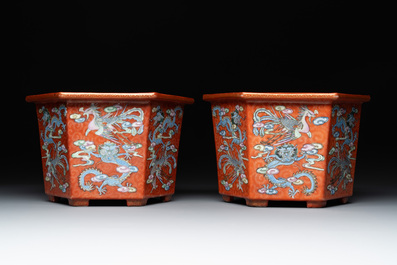 A pair of Chinese coral-red-ground 'dragon and phoenix' jardini&egrave;res, Qianlong mark, 19th C.