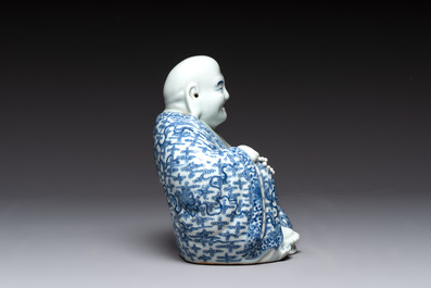 A Chinese blue and white Milefo Buddha, Zhu Mao Ji Zao 朱茂記造 mark, 19/20th C.