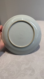 A Chinese blue and white 'phoenix and monkeys' dish and a pair of powder-blue-ground plates, Kangxi/Yongzheng