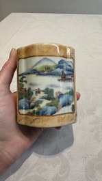 A Chinese famille rose 'faux-marbre' quadrifoil brush pot, Qianlong mark, 19th C.
