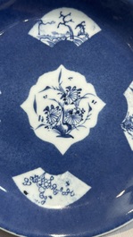 A Chinese blue and white 'phoenix and monkeys' dish and a pair of powder-blue-ground plates, Kangxi/Yongzheng