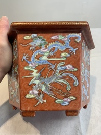 A pair of Chinese coral-red-ground 'dragon and phoenix' jardini&egrave;res, Qianlong mark, 19th C.