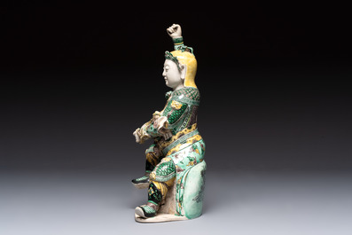 A fine Chinese verte biscuit sculpture of a warrior, 19th C.
