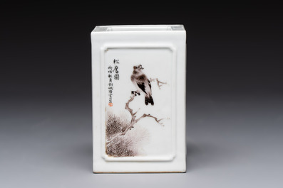 A square Chinese grisaille 'eagle' brush pot, signed Lu Yunshan 陸雲山, dated 1946