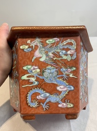 A pair of Chinese coral-red-ground 'dragon and phoenix' jardini&egrave;res, Qianlong mark, 19th C.