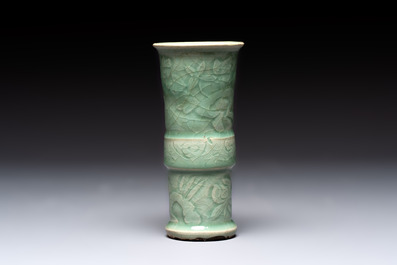 A Chinese Longquan celadon 'gu' vase with 'anhua' floral design and a bowl, Ming