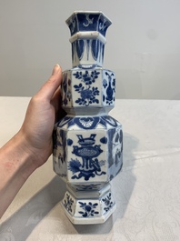 A Chinese blue and white hexagonal vase with figures and antiquities, Kangxi