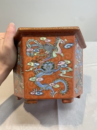 A pair of Chinese coral-red-ground 'dragon and phoenix' jardini&egrave;res, Qianlong mark, 19th C.