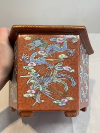 A pair of Chinese coral-red-ground 'dragon and phoenix' jardini&egrave;res, Qianlong mark, 19th C.