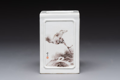 A square Chinese grisaille 'eagle' brush pot, signed Lu Yunshan 陸雲山, dated 1946
