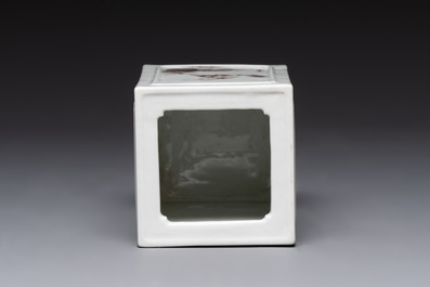 A square Chinese grisaille 'eagle' brush pot, signed Lu Yunshan 陸雲山, dated 1946