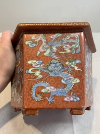 A pair of Chinese coral-red-ground 'dragon and phoenix' jardini&egrave;res, Qianlong mark, 19th C.