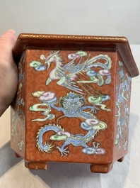 A pair of Chinese coral-red-ground 'dragon and phoenix' jardini&egrave;res, Qianlong mark, 19th C.