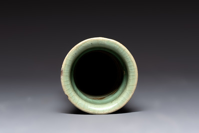 A Chinese Longquan celadon 'gu' vase with 'anhua' floral design and a bowl, Ming