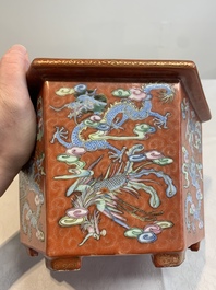 A pair of Chinese coral-red-ground 'dragon and phoenix' jardini&egrave;res, Qianlong mark, 19th C.