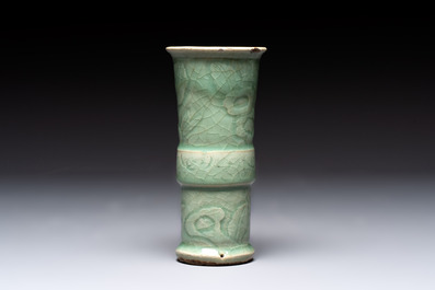 A Chinese Longquan celadon 'gu' vase with 'anhua' floral design and a bowl, Ming