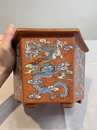 A pair of Chinese coral-red-ground 'dragon and phoenix' jardini&egrave;res, Qianlong mark, 19th C.