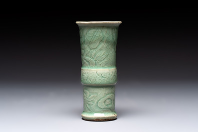 A Chinese Longquan celadon 'gu' vase with 'anhua' floral design and a bowl, Ming