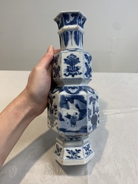 A Chinese blue and white hexagonal vase with figures and antiquities, Kangxi