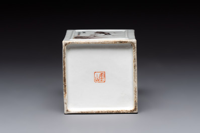 A square Chinese grisaille 'eagle' brush pot, signed Lu Yunshan 陸雲山, dated 1946