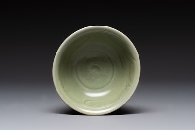 A Chinese Longquan celadon 'gu' vase with 'anhua' floral design and a bowl, Ming
