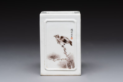 A square Chinese grisaille 'eagle' brush pot, signed Lu Yunshan 陸雲山, dated 1946