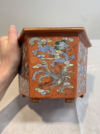 A pair of Chinese coral-red-ground 'dragon and phoenix' jardini&egrave;res, Qianlong mark, 19th C.