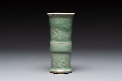 A Chinese Longquan celadon 'gu' vase with 'anhua' floral design and a bowl, Ming
