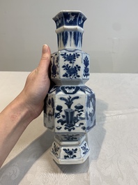 A Chinese blue and white hexagonal vase with figures and antiquities, Kangxi