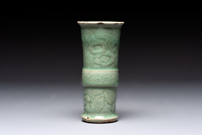 A Chinese Longquan celadon 'gu' vase with 'anhua' floral design and a bowl, Ming
