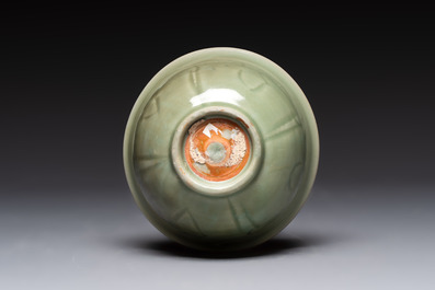 A Chinese Longquan celadon 'gu' vase with 'anhua' floral design and a bowl, Ming