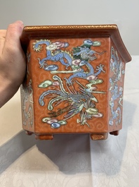 A pair of Chinese coral-red-ground 'dragon and phoenix' jardini&egrave;res, Qianlong mark, 19th C.