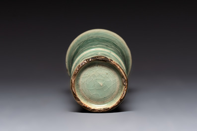 A Chinese Longquan celadon 'gu' vase with 'anhua' floral design and a bowl, Ming