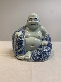 A Chinese blue and white Milefo Buddha, Zhu Mao Ji Zao 朱茂記造 mark, 19/20th C.