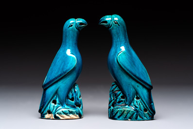 A pair of Chinese turquoise-glazed parrots, 19th C.