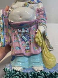 A Chinese famille rose Milefo Buddha on wooden stand, 19th C.